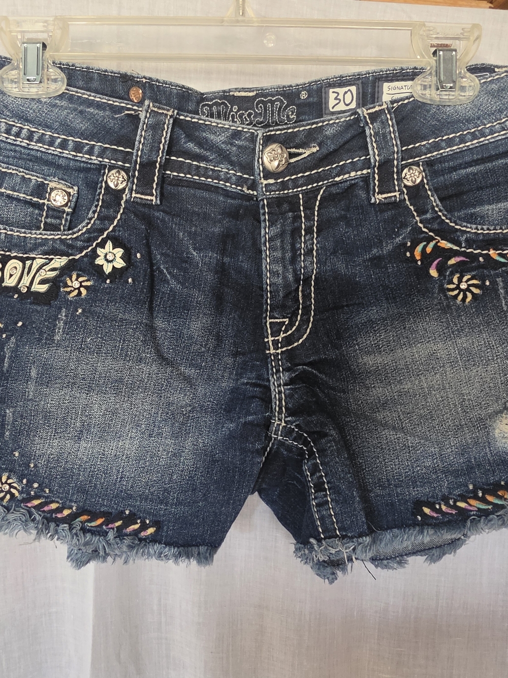 Miss Me Dark Blue Embroidered Frayed Denim Shorts